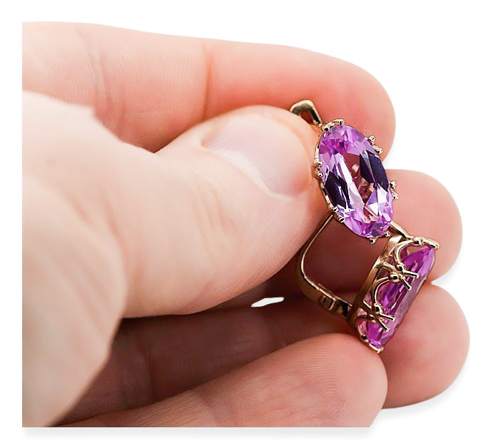 Rose pink 14k 585 gold amethyst earrings vec021 Vintage vec021r-am