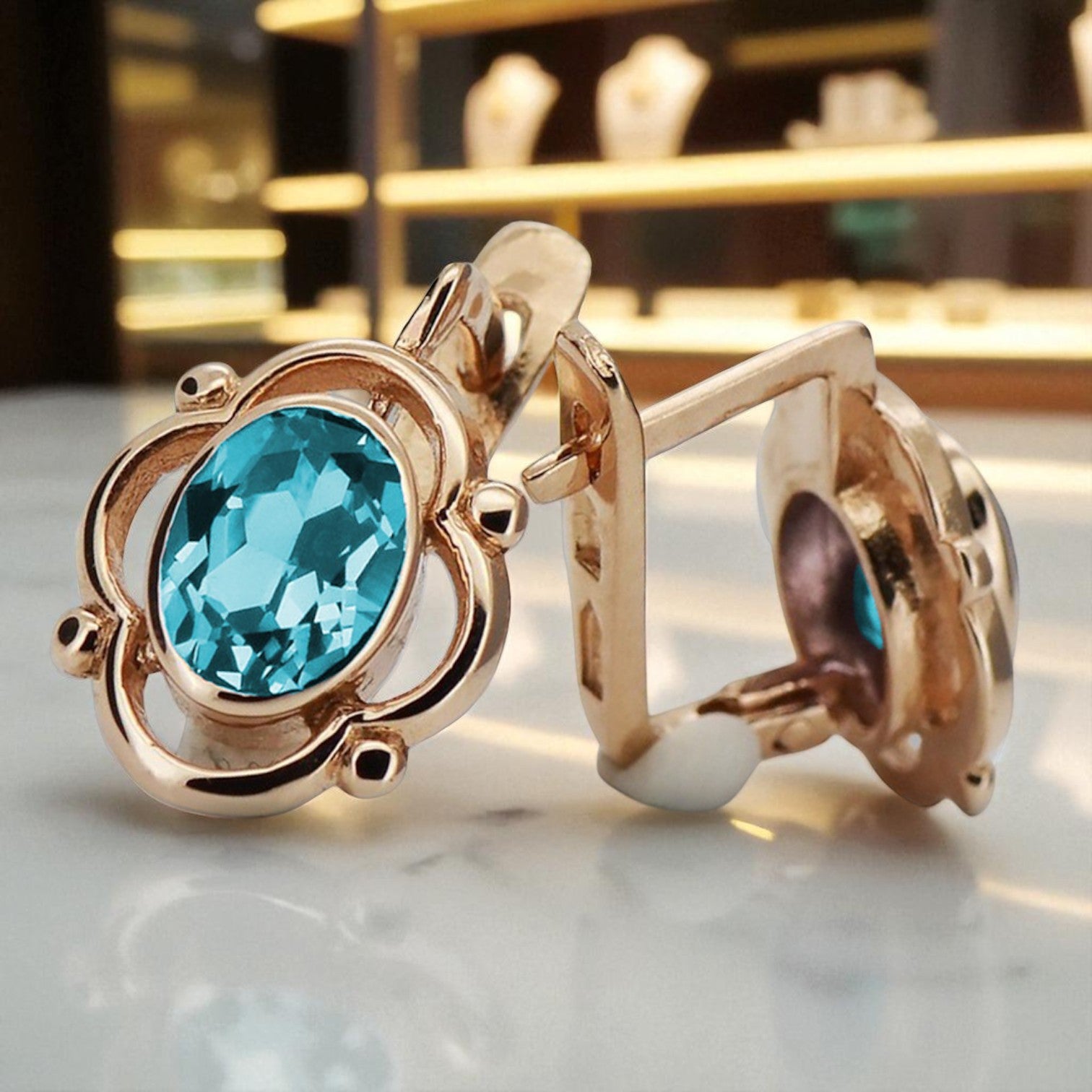 Vintage rose pink 14k 585 gold aquamarine earrings vec033 Russian Soviet style vec033r-aq