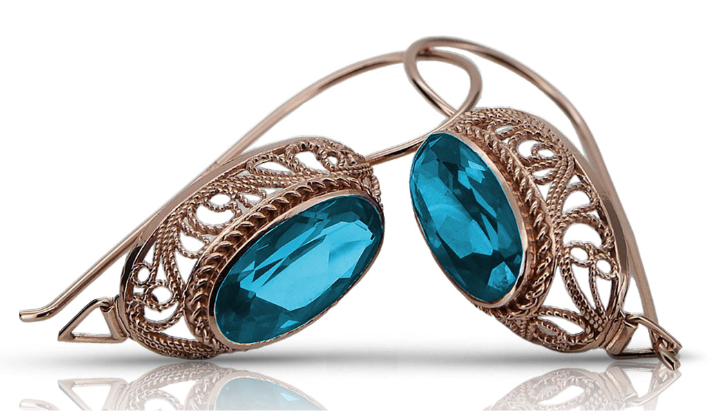 Rose pink 14k 585 gold aquamarine earrings vec023 Vintage Russian Soviet style vec023r-aq