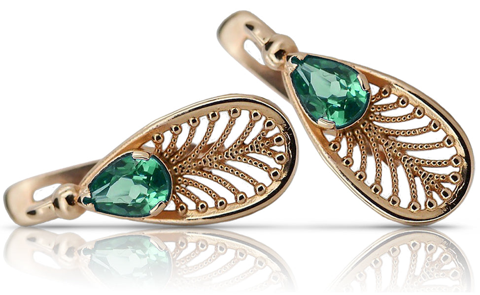 Vintage rose pink 14k 585 gold emerald earrings vec067 Vintage vec067r-em