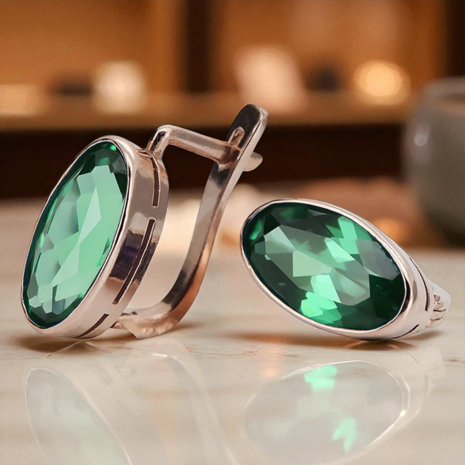 Rose pink 14k 585 gold emerald earrings vec001 Vintage Russian Soviet style