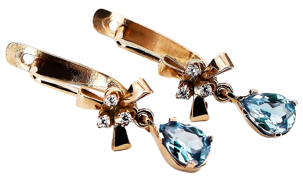 Rose pink 14k 585 gold aquamarine earrings vec045 Vintage Russian Soviet style vec045r-aq