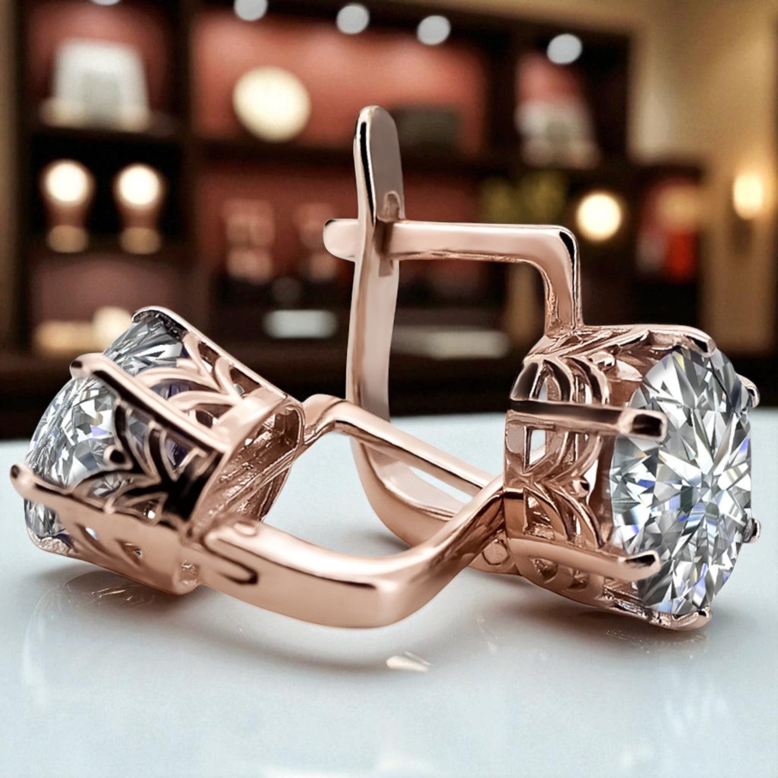 Rose pink 14k 585 gold zircon earrings vec003 Vintage Russian Soviet style vec003r-zi