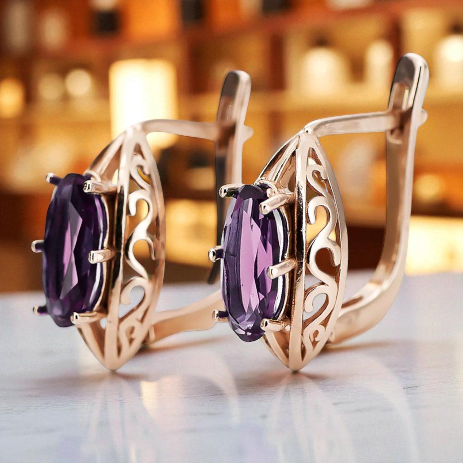 Rose pink 14k 585 gold amethyst earrings vec141 Vintage vec141r-am