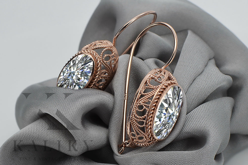 Rose pink 14k 585 gold zircon earrings vec023 Vintage Russian Soviet style