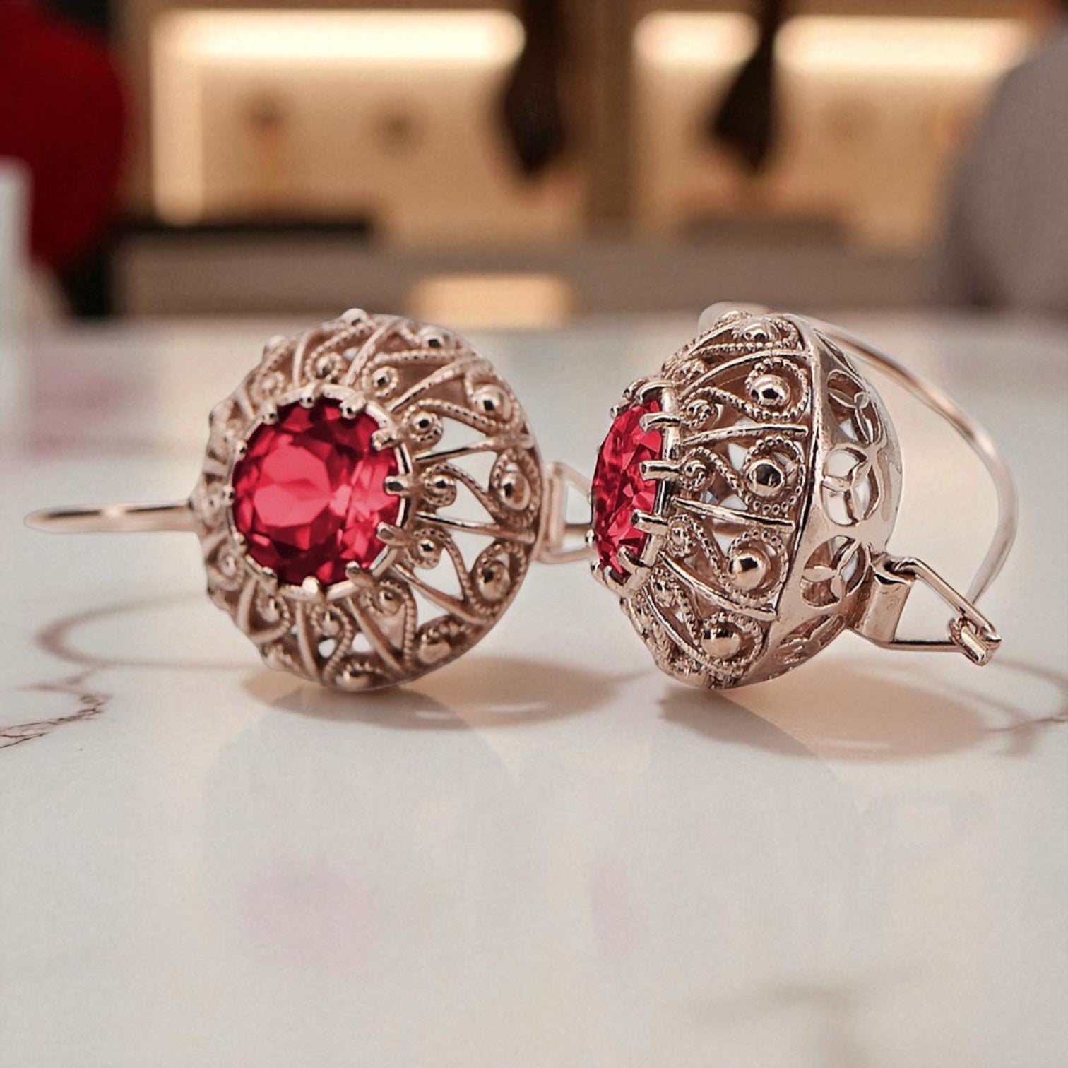 Vintage rose pink 14k 585 gold ruby earrings vec002 Russian Soviet style