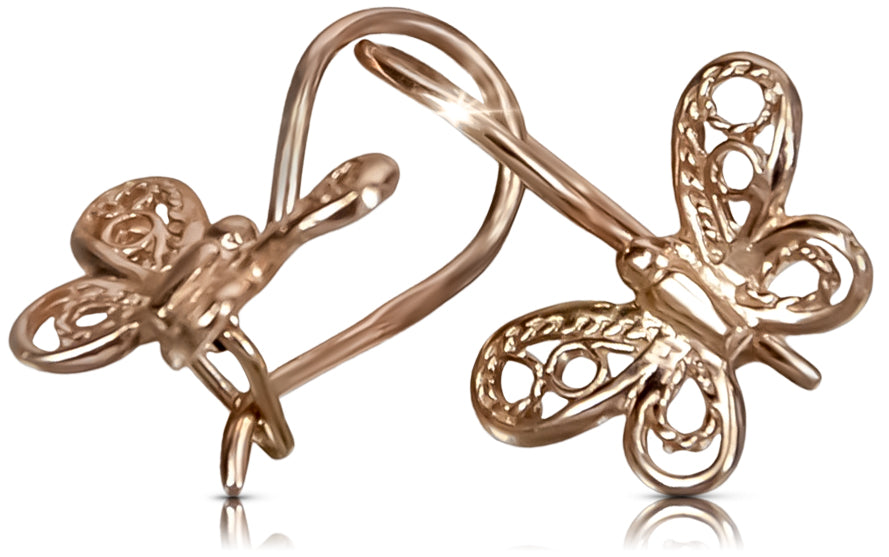 Vintage rose pink 14k 585 gold butterfly earrings ven173