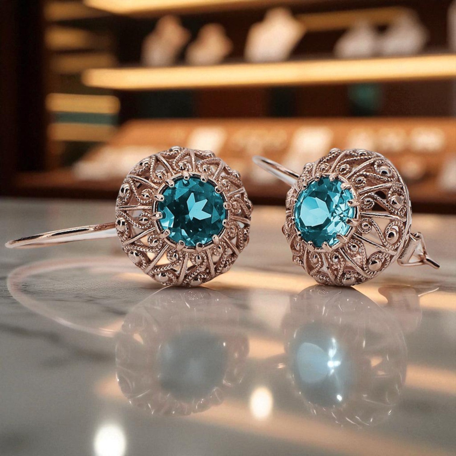 Vintage rose pink 14k 585 gold aquamarine earrings vec002 Russian Soviet style vec002r-aq