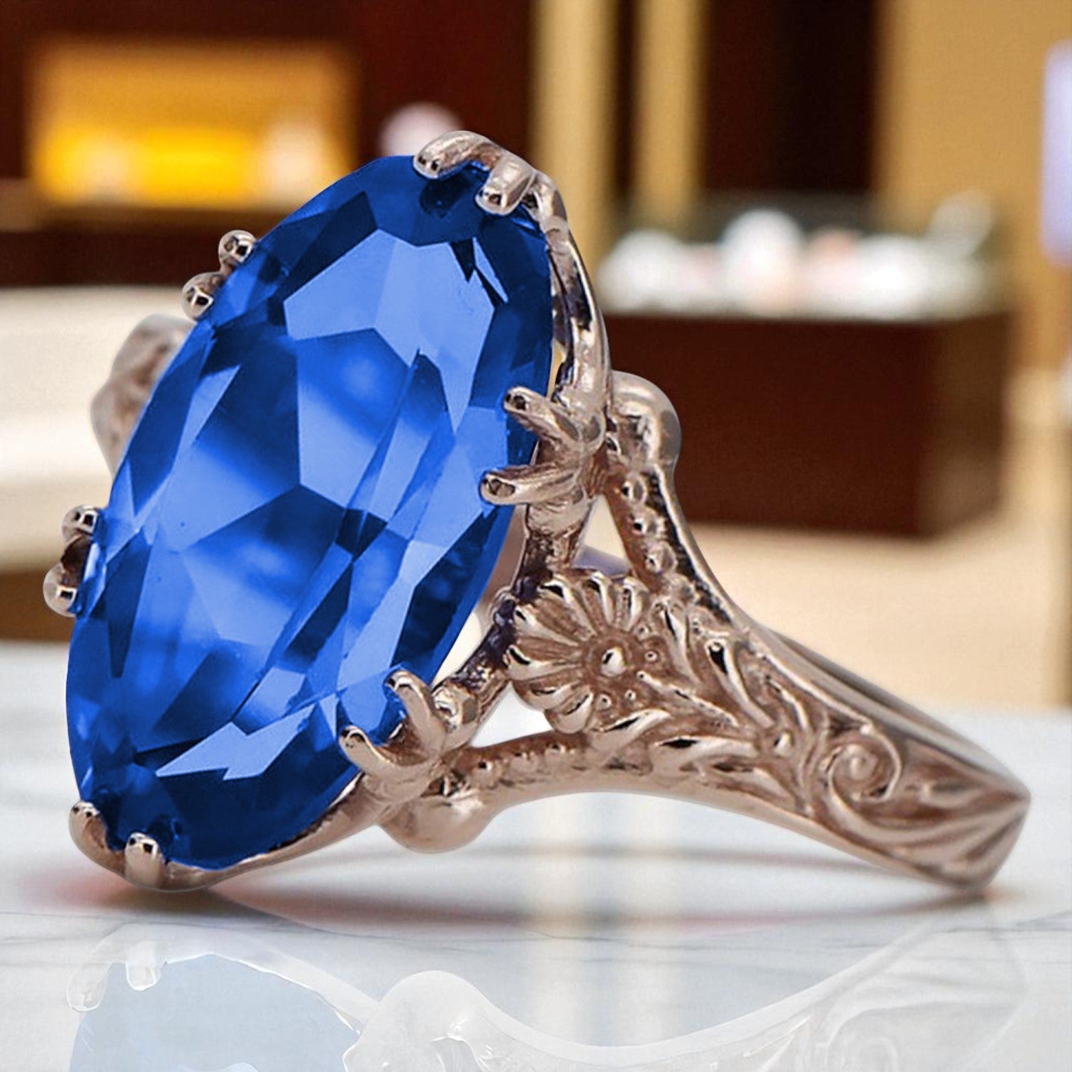 Vintage Sapphire Ring 925 Silver & 14k Rose Gold