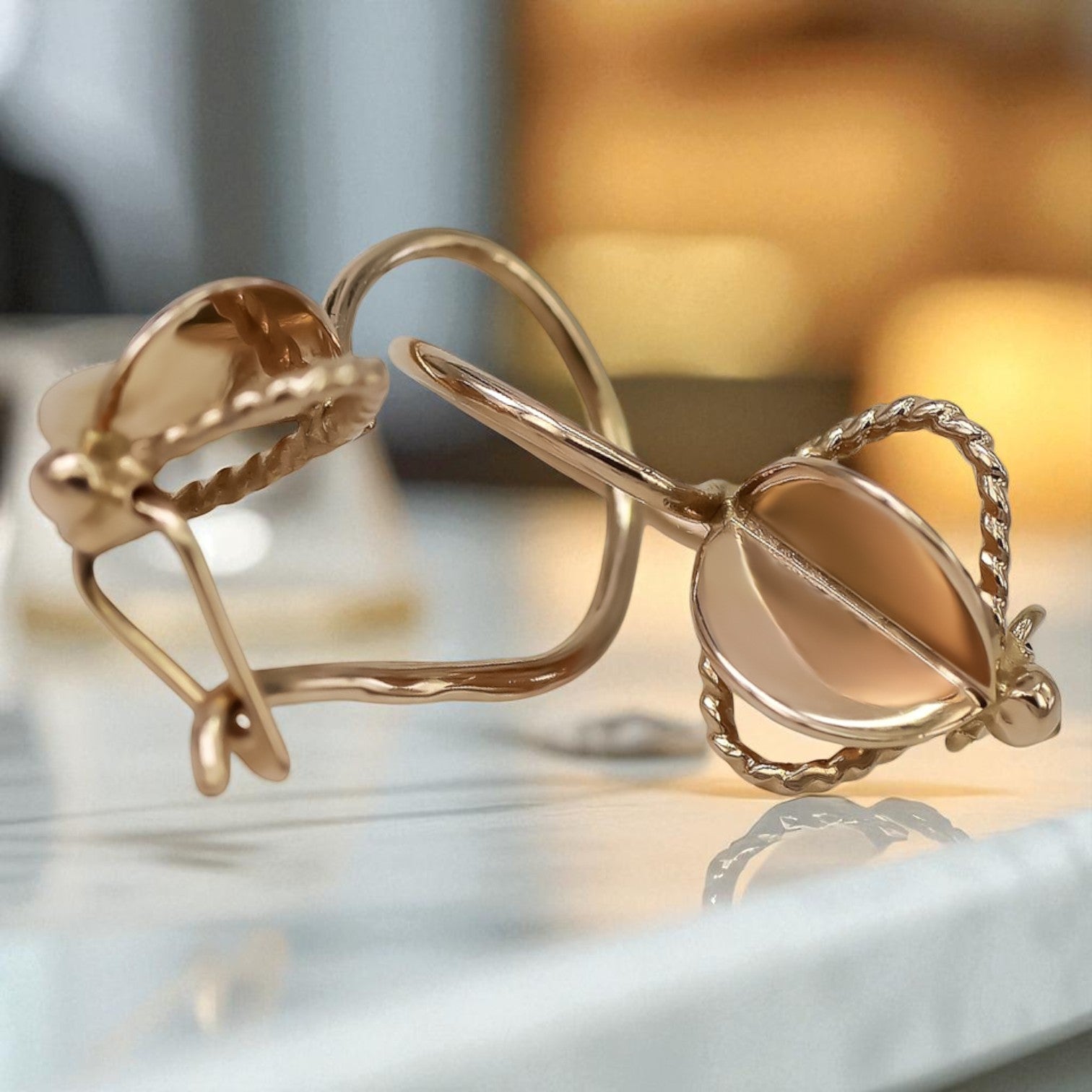 Rose pink 14k gold earrings 585 leaves Vintage ven068