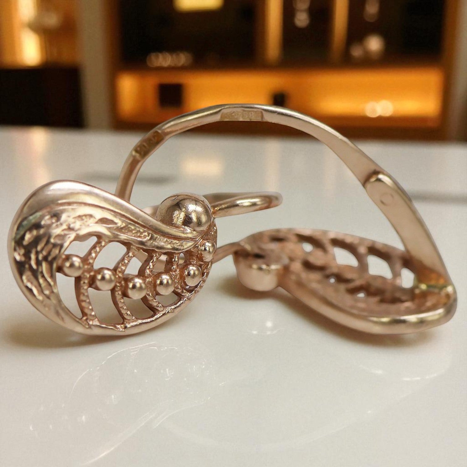 Vintage rose pink 14k 585 gold  Vintage leaf earrings ven254