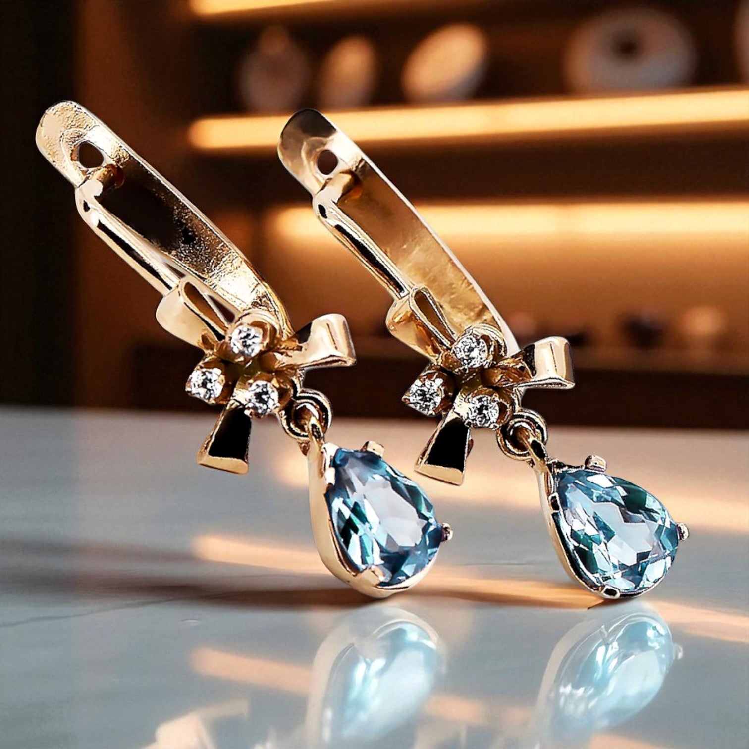 Rose pink 14k 585 gold aquamarine earrings vec045 Vintage Russian Soviet style