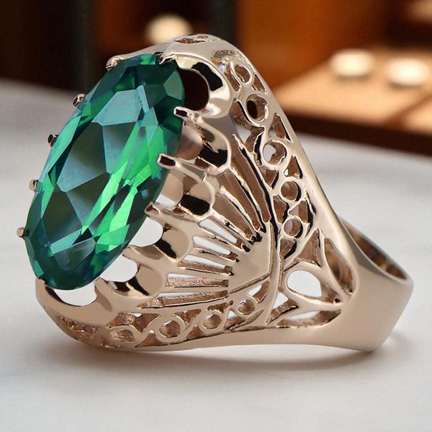 Vintage rose pink 14k gold 585 Emerald ring vrc020 Vintage