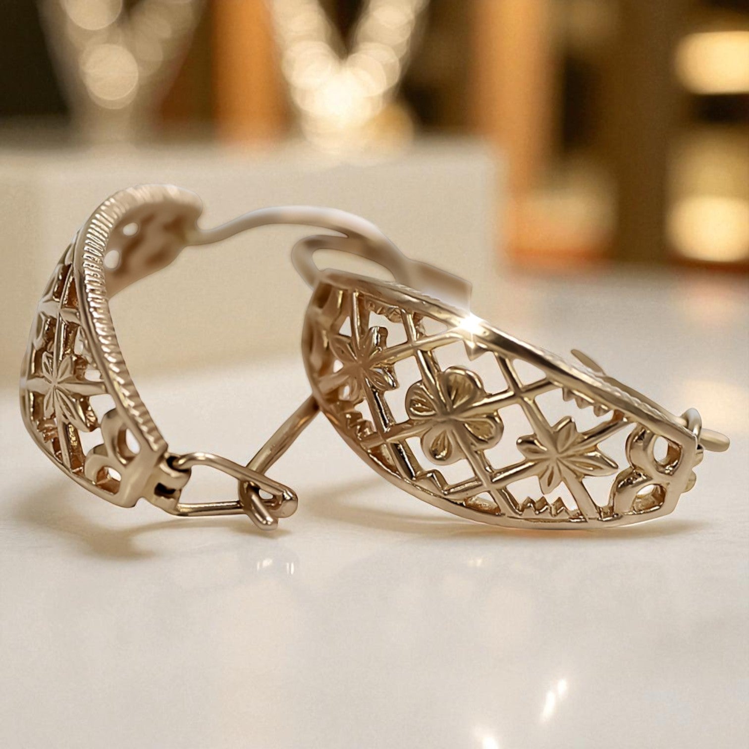 Vintage rose pink 14k 585 gold Vintage openwork earrings ven146