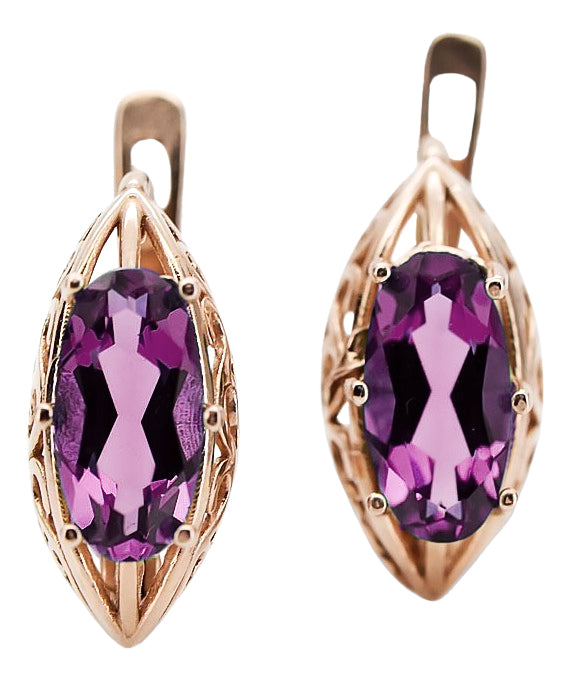 Rose pink 14k 585 gold amethyst earrings vec141 Vintage vec141r-am