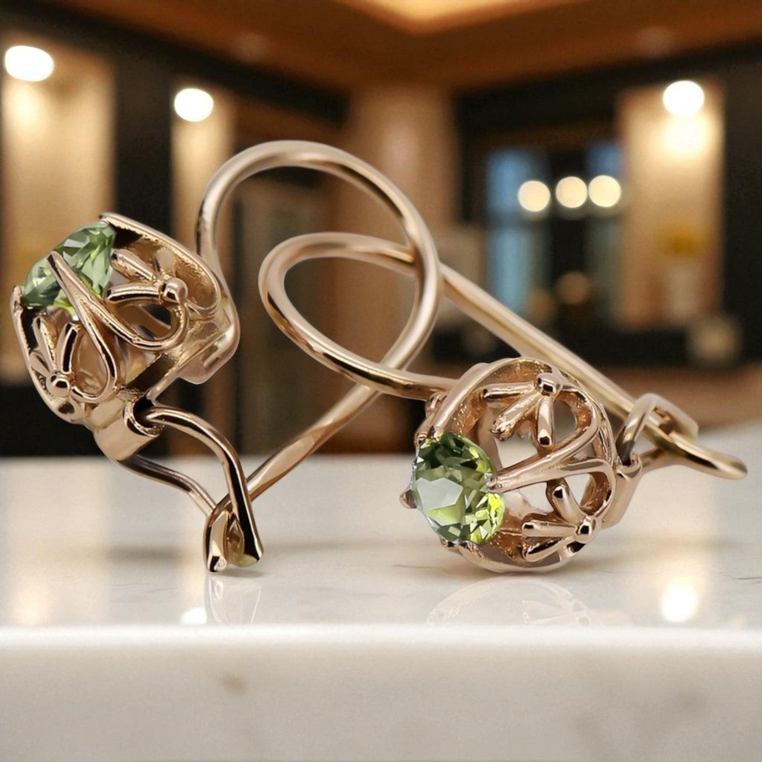 Vintage earrings made of 14k 585 rose gold with Yellow Peridot vec145 vec145r-yp