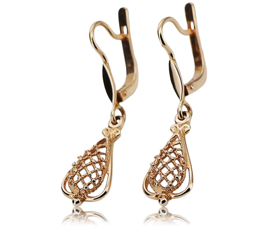 Rose pink 14k 585 gold Vintage leaf earrings ven151