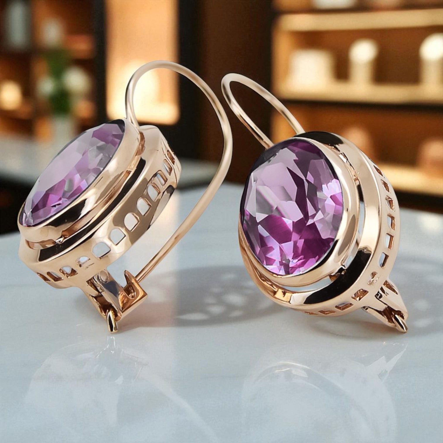 Vintage rose pink 14k 585 gold Amethyst earrings vec114 vec114r-am