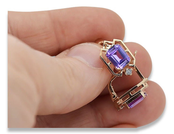 Rose pink 14k 585 gold alexandrite diamond earrings vec020r Vintage Russian Soviet style vec020r-ax