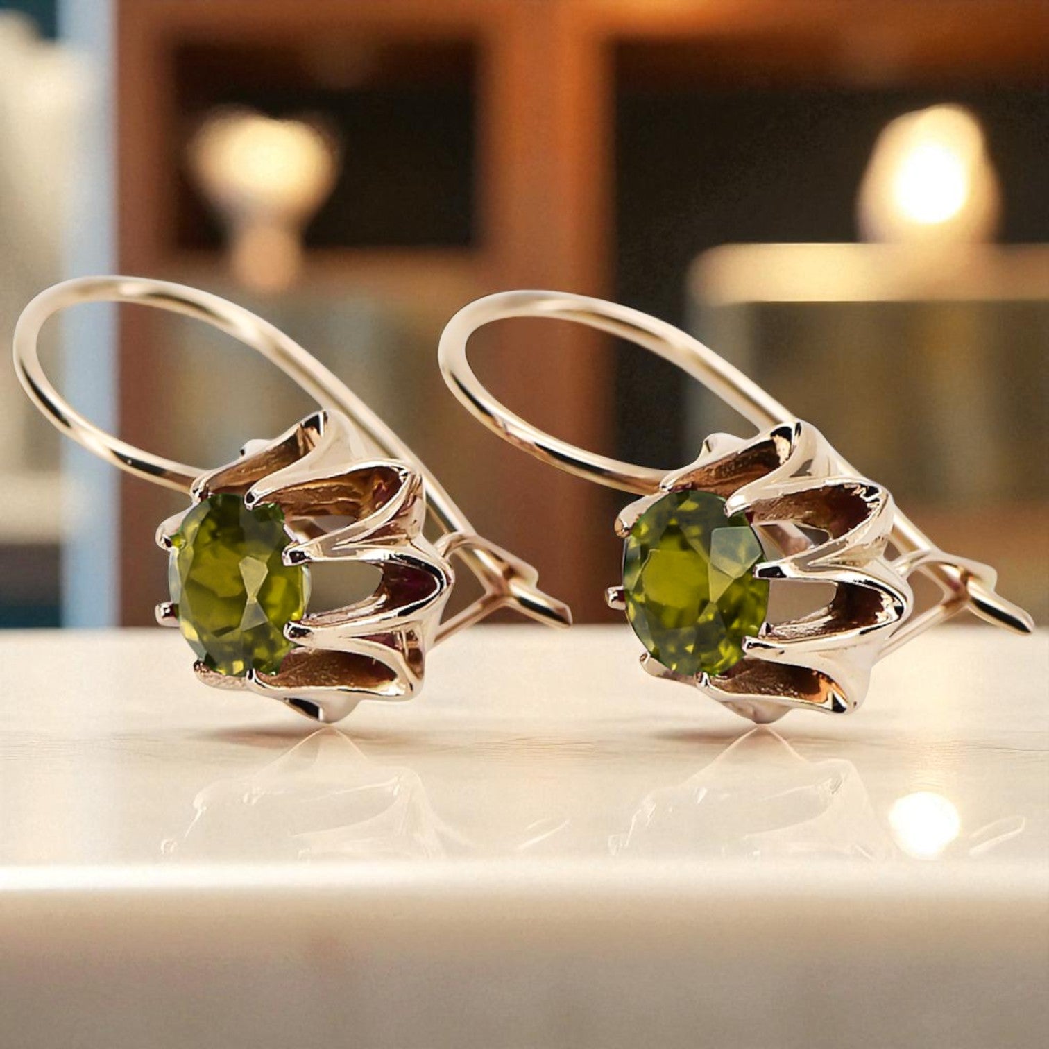 Rose pink 14k 585 gold peridot earrings vec092 Vintage Russian Soviet style vec092r-yp