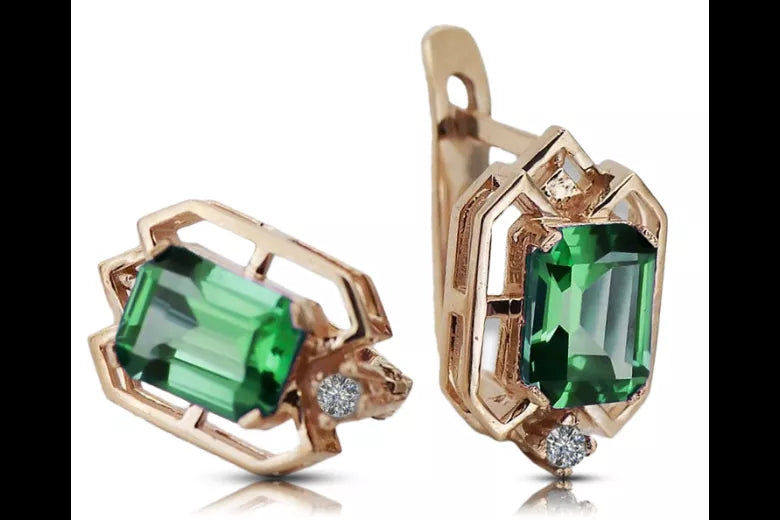 Emerald diamonds Vintage Earrings craft Original 14K Rose Gold vec020r