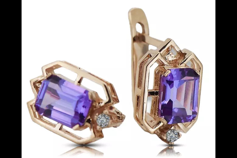 Rose pink 14k 585 gold alexandrite diamond earrings vec020r Vintage Russian Soviet style