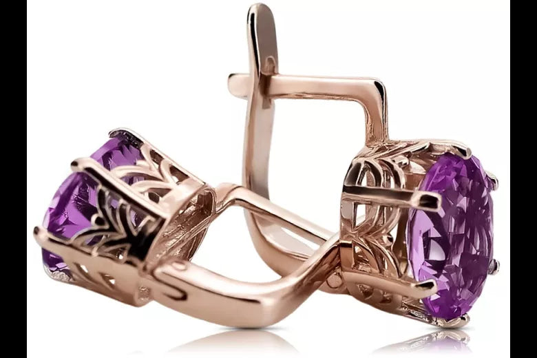 Rose pink 14k 585 gold amethyst earrings vec003 Vintage Russian Soviet style