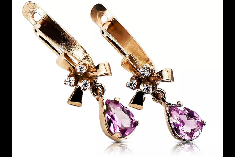 Rose pink 14k 585 gold amethyst earrings vec045 Vintage
