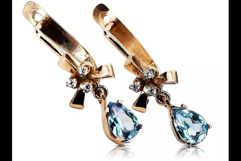 Rose pink 14k 585 gold aquamarine earrings vec045 Vintage Russian Soviet style