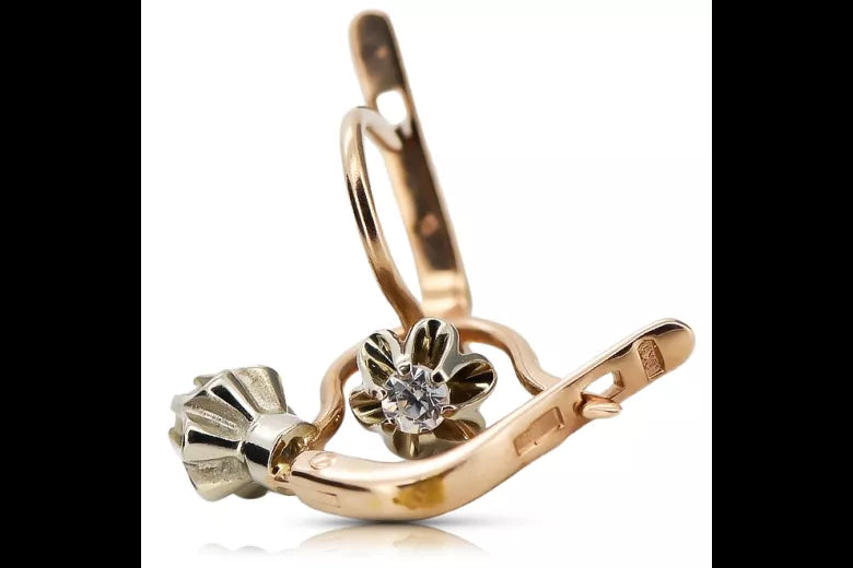 Rose pink 14k 585 gold diamond earrings ved153rw Vintage Russian Soviet style