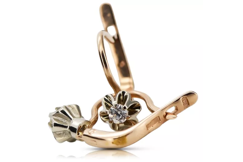 Rose pink 14k 585 gold diamond earrings ved153rw Vintage Russian Soviet style