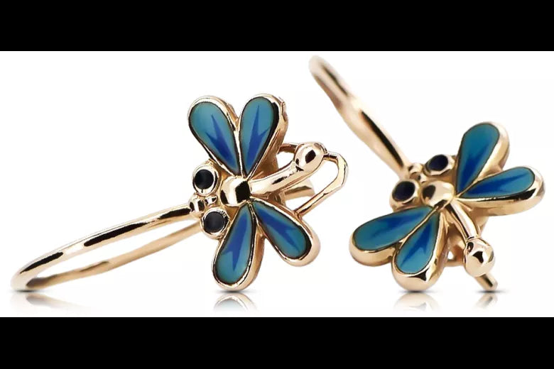 Rose pink 14k 585 gold dragonfly earrings ven153
