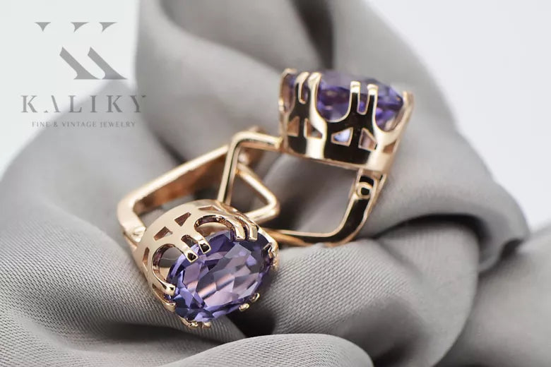 Rose pink 14k 585 gold earrings setting vec016 Vintage Russian Soviet style vec016r-st