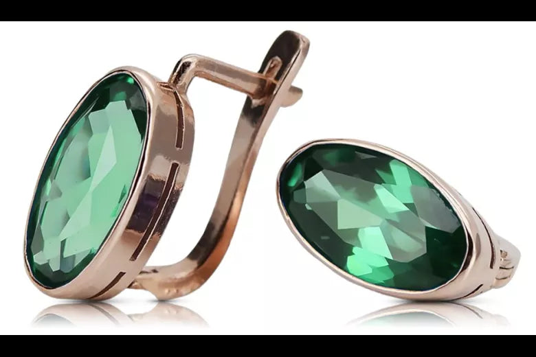 Rose pink 14k 585 gold emerald earrings vec001 Vintage Russian Soviet style