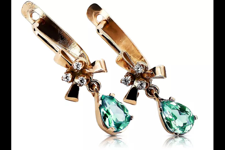 Rose pink 14k 585 gold emerald earrings vec045 Vintage Russian Soviet style