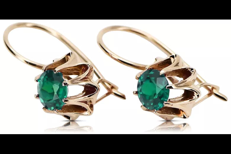 Rose pink 14k 585 gold emerald earrings vec092 Vintage Russian Soviet style
