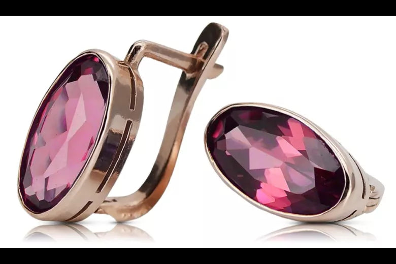 Rose pink 14k 585 gold ruby earrings vec001 Vintage Russian Soviet style