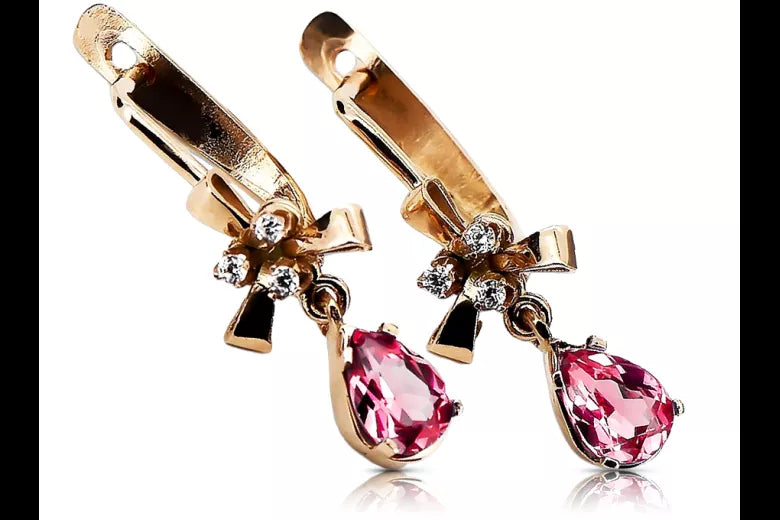 Rose pink 14k 585 gold ruby earrings vec045 Vintage Russian Soviet style