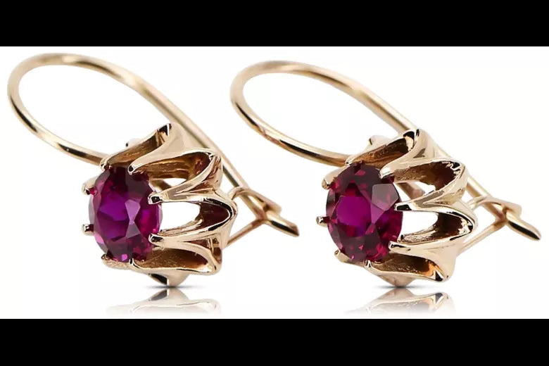 Rose pink 14k 585 gold ruby earrings vec092 Vintage Russian Soviet style