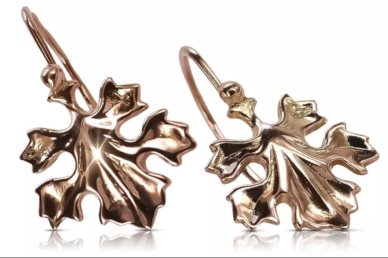 Rose pink 14k 585 gold Vintage leaf earrings ven047