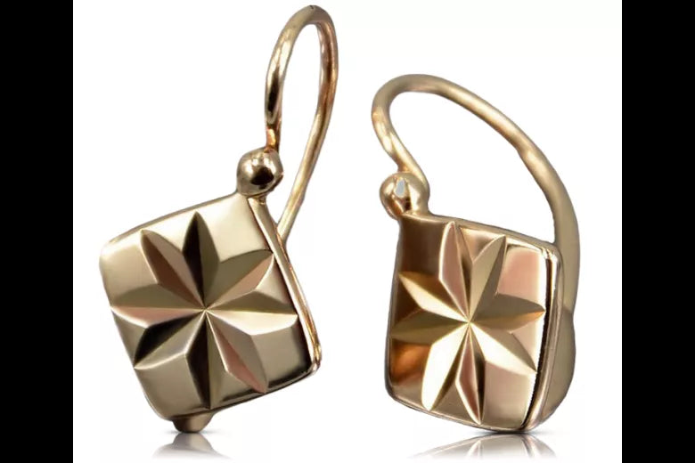 Rose pink 14k 585 gold  Vintage square earrings ven049