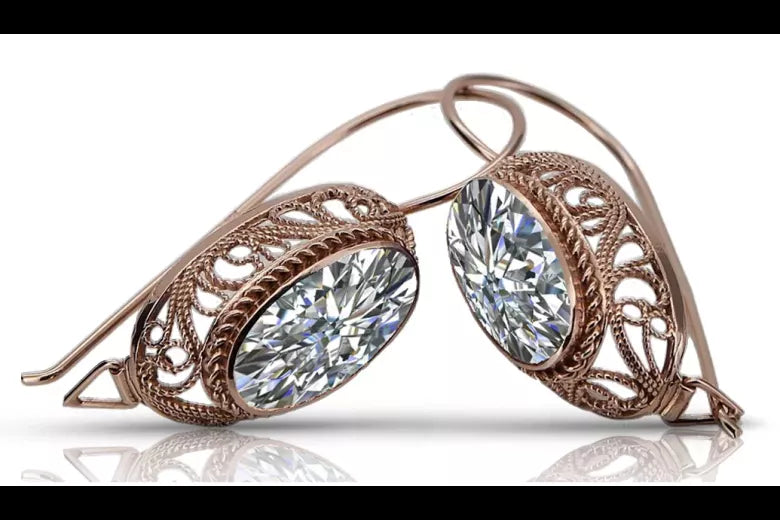Rose pink 14k 585 gold zircon earrings vec023 Vintage Russian Soviet style