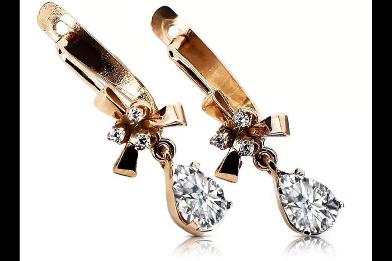 Rose pink 14k 585 gold zircon earrings vec045 Vintage Russian Soviet style