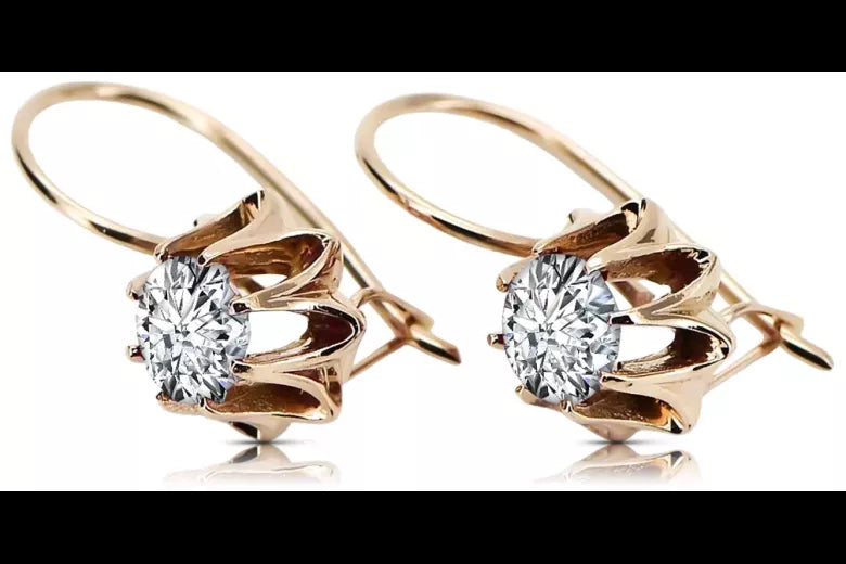 Rose pink 14k 585 gold zircon earrings vec092 Vintage Russian Soviet style