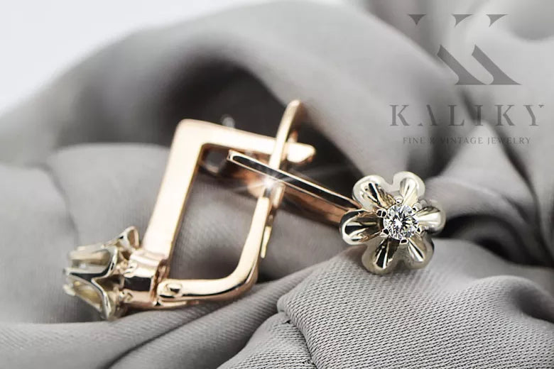 Rose pink white 14k 585 gold diamond earrings ved197rw Vintage Russian Soviet style