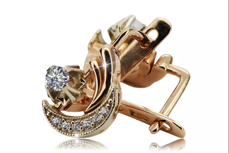 Rose pink white 14k gold585 diamond earrings ved093rw Vintage Russian Soviet style ved093rw-di