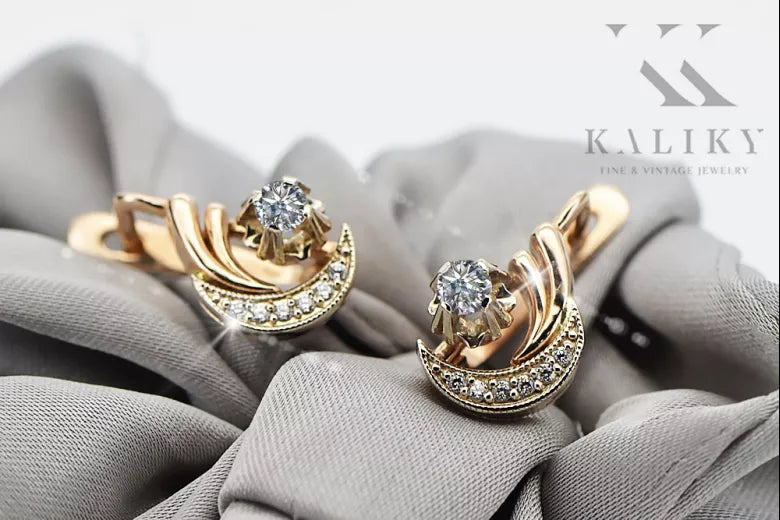 Rose pink white 14k gold585 diamond earrings ved093rw Vintage Russian Soviet style ved093rw-di