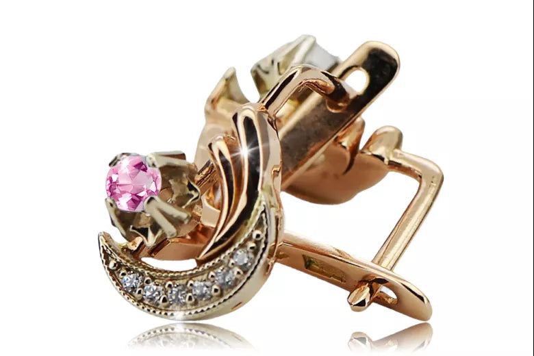 Rose white 14K gold 585 amethyst diamonds earrings ved093rw-am Russian Soviet Vintage style