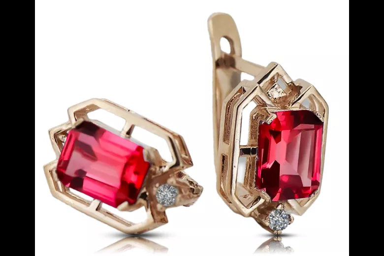 Ruby diamonds Vintage Earrings craft Original 14K Rose Gold vec020r