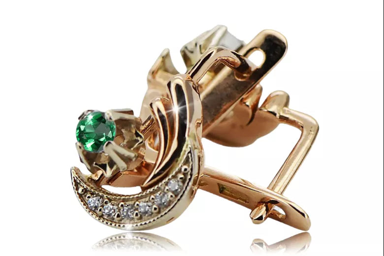 Russian 14K Rose White Gold Emerald diamonds earrings Russian Soviet Vintage style ved093rw-em